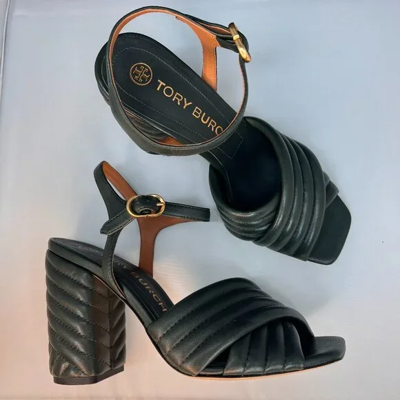 TORY BURCH Kira Quilted Block Heel Dark Seaweed Sandals size 8.5 - Picture 1 of 11